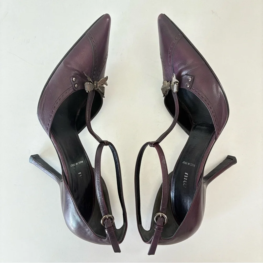 Miu Miu Dark Burgundy Leather Ankle Strap Pointed Toe Women’s Pump Heels US Sz 7 - Picture 8 of 13